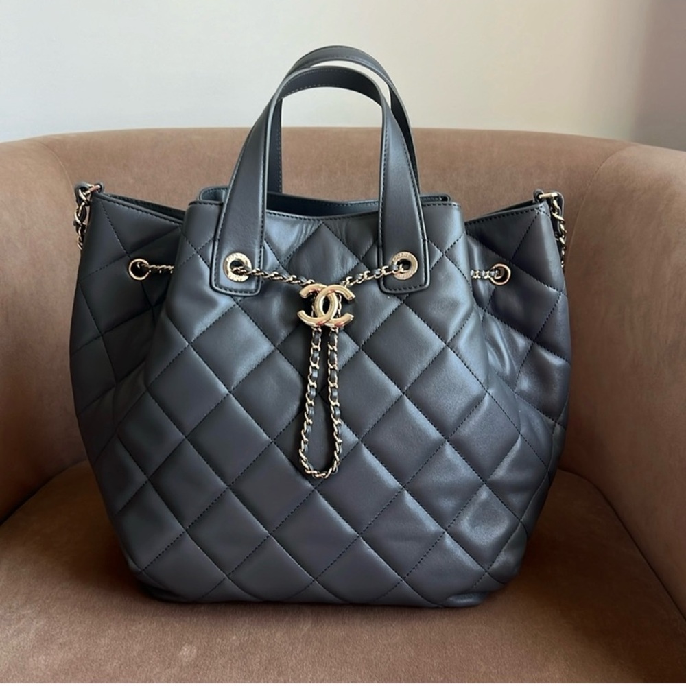 Chanel Gray Lambskin Drawstring Shoulder Bag